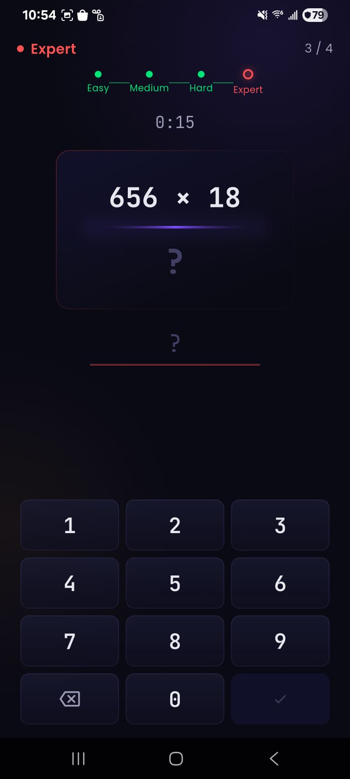 Assessment gameplay showing Expert level, problem 656 × 18, with progress dots across Easy Medium Hard Expert