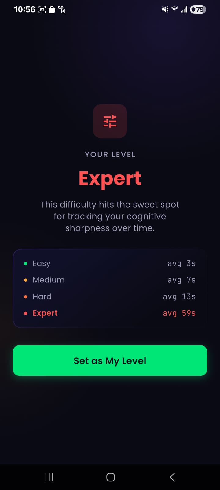 Assessment results screen showing Your Level: Expert with average times — Easy 3s, Medium 7s, Hard 13s, Expert 59s